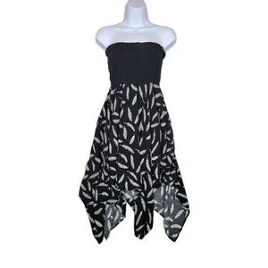 Womens Shirred Tube Top Dress Asymmetric Hem Feather Print Sz Small Fairy Grunge
